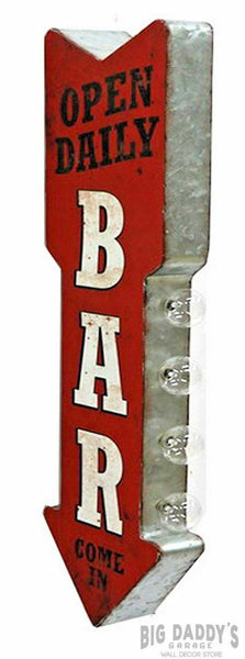 Open Daily Bar Metal Sign Double Sided Arrow W/ LED Lights Beer Man Cave Garage