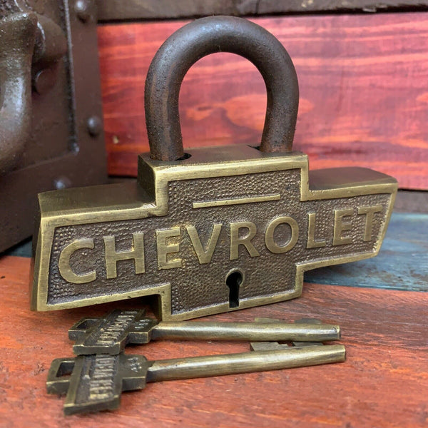 Chevrolet Large Brass Lock W/ Keys, Chevy Logo, Advertising, Antique Finish