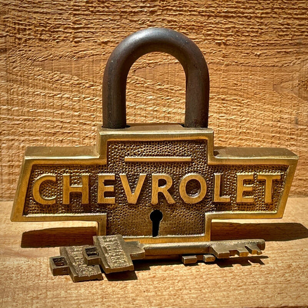 Chevrolet Large Brass Lock W/ Keys, Chevy Logo, Advertising, Antique Finish