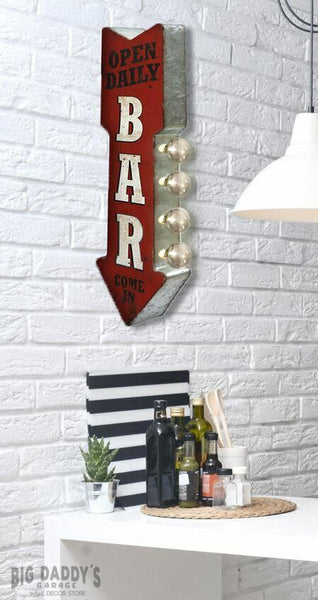 Open Daily Bar Metal Sign Double Sided Arrow W/ LED Lights Beer Man Cave Garage