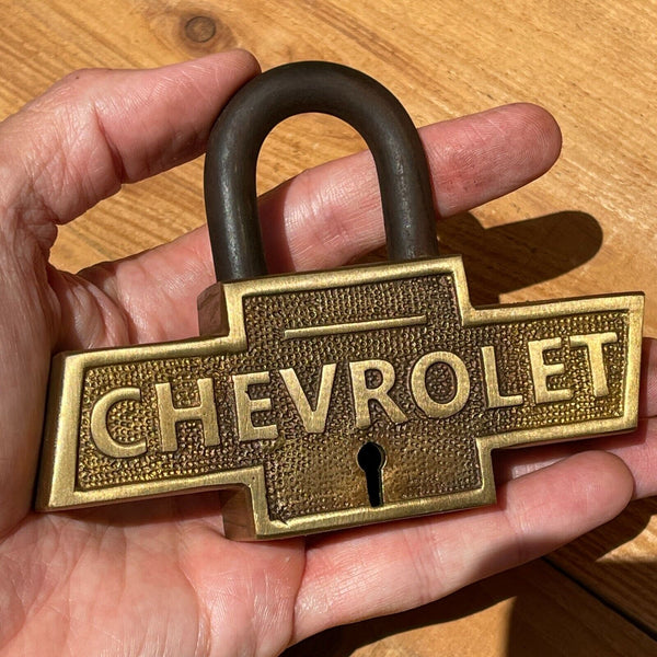 Chevrolet Large Brass Lock W/ Keys, Chevy Logo, Advertising, Antique Finish