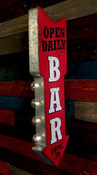 Open Daily Bar Metal Sign Double Sided Arrow W/ LED Lights Beer Man Cave Garage