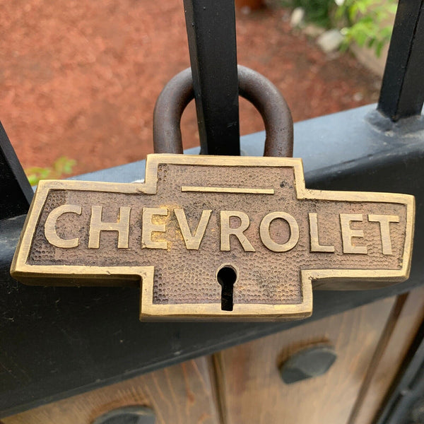 Chevrolet Large Brass Lock W/ Keys, Chevy Logo, Advertising, Antique Finish