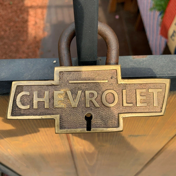 Chevrolet Large Brass Lock W/ Keys, Chevy Logo, Advertising, Antique Finish