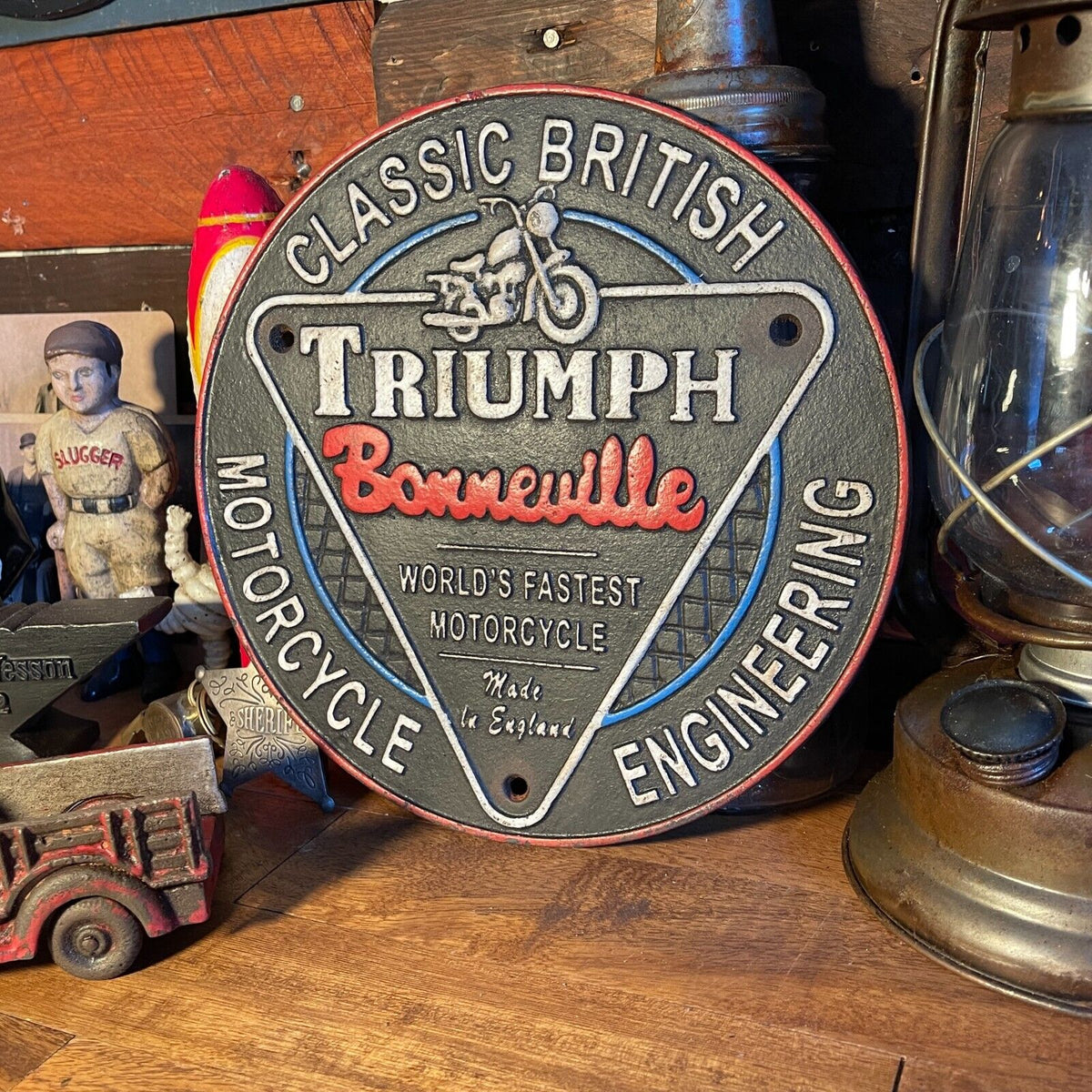 Triumph Bonneville Motorcycle Cast Iron Plaque Sign With Antique