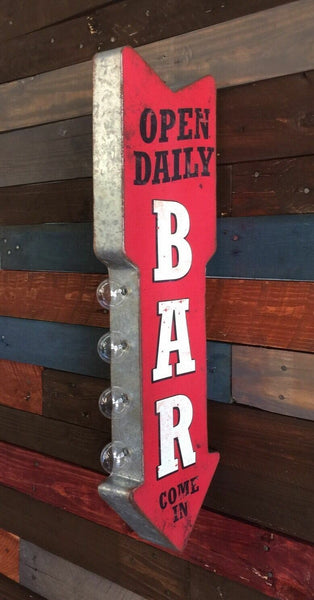 Open Daily Bar Metal Sign Double Sided Arrow W/ LED Lights Beer Man Cave Garage