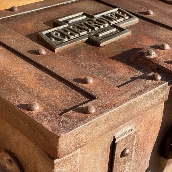 Chevrolet Iron Strong Box Chest W/ Chevy Brass Plaque and Lock, Antique Finish