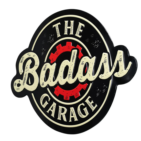 The Badass Garage Shaped and Embossed Metal Wall Sign Home Man Cave Bar Decor