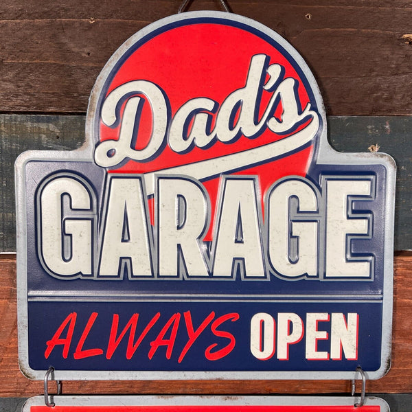 Dad's Garage Always Open Oil Changes Fatherly Advice Linked Embossed Metal Sign