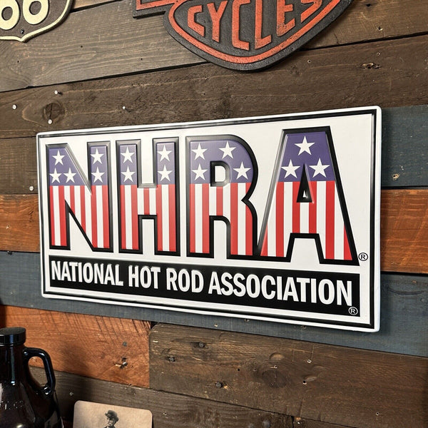 NHRA National Hot Rod Association American Flag Embossed & Shaped Sign