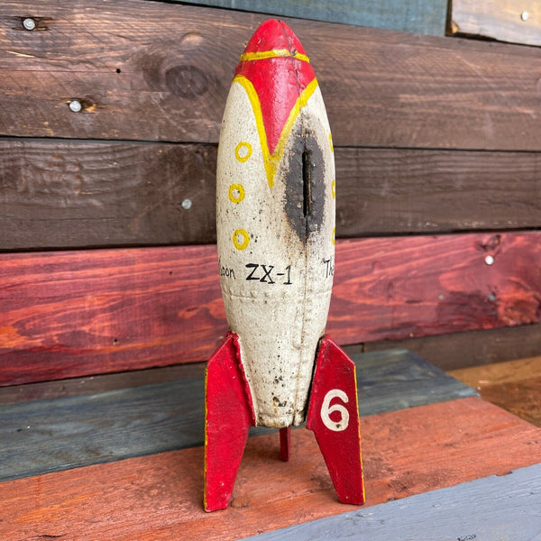 Rocket Toy Bank, Cast Iron Rocket To The Moon Bank W/ Painted Antique Finish