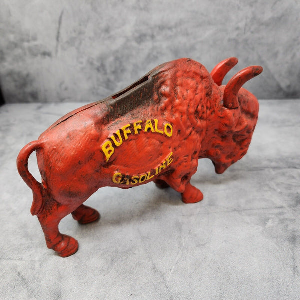 Buffalo Gasoline Piggy Bank Cast Iron Raised Lettering Painted Antique Finish