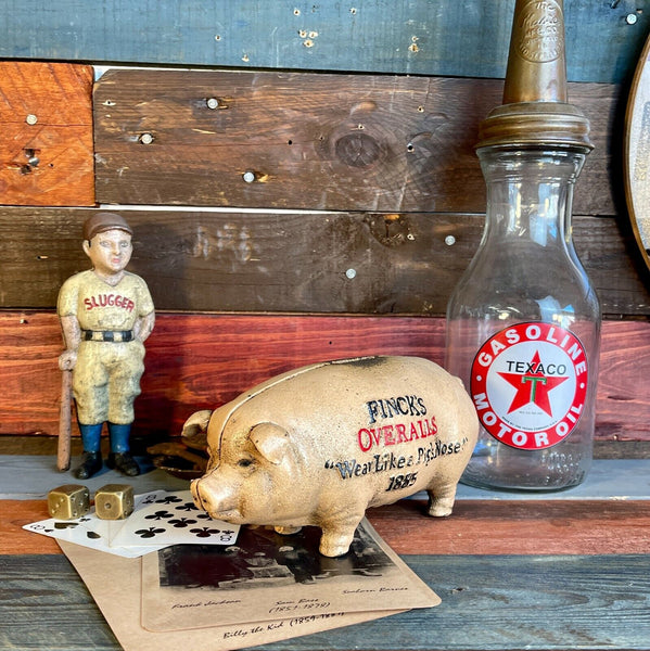 Fincks Overalls Piggy Bank, Cast Iron Pig W/ Antique Finish, Man Cave Bar Decor