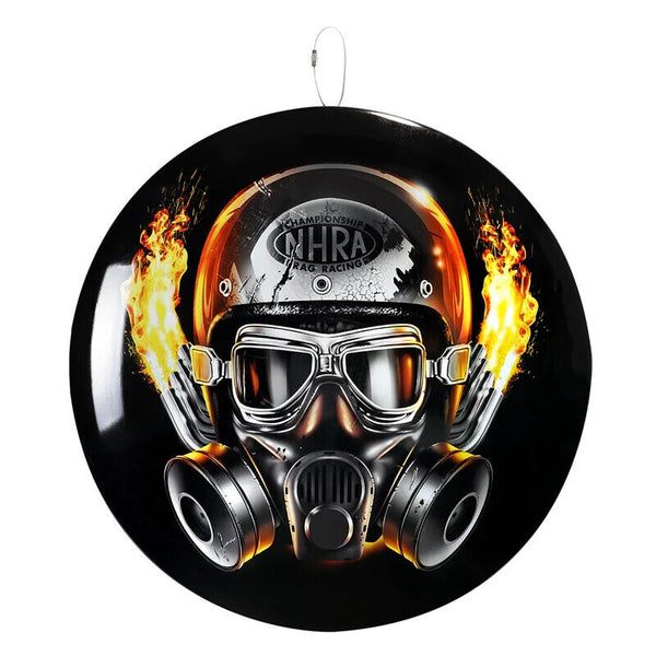 NHRA Domed Metal Sign Gas Mask and Flaming Tailpipes 16" Hanging Dome Wall Decor