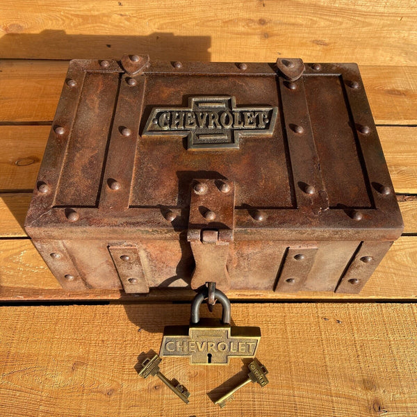 Chevrolet Iron Strong Box Chest W/ Chevy Brass Plaque and Lock, Antique Finish