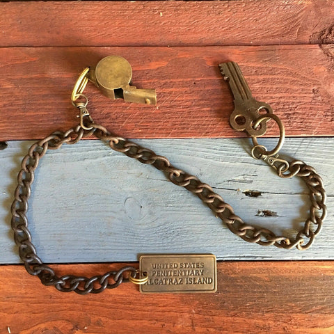 Alcatraz Island Prison Guard Iron Cell Key, Tag & Solid Brass Whistle, 27" Chain