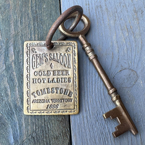 Gem's Saloon 1886 Tombstone Brothel Room Brass Tag & Key With Antique Finish