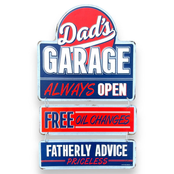 Dad's Garage Always Open Oil Changes Fatherly Advice Linked Embossed Metal Sign