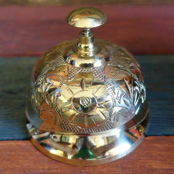 Ornate Victorian Desk Bell, Polished Brass W/ Engraved Victorian Flower Detail