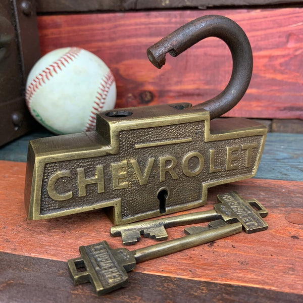 Chevrolet Large Brass Lock W/ Keys, Chevy Logo, Advertising, Antique Finish 