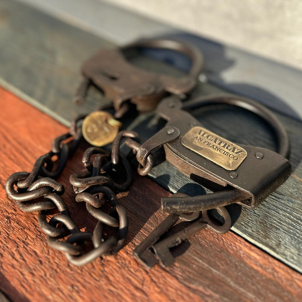 Alcatraz Prison Handcuffs, Iron Adjustable Cuffs with Chain & Antique Finish