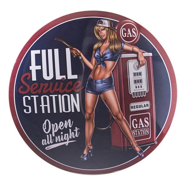 Full Service Station Open All Night Pin-Up Girl Dome and Rounded 16" Metal Sign