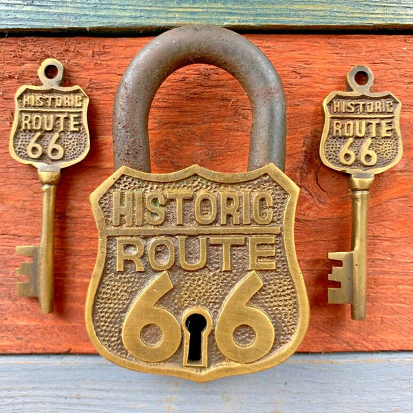 Historic Route 66 Brass Lock & 2 Keys, Embossed Lettering, Antique Finish