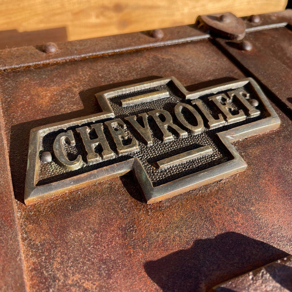 Chevrolet Iron Strong Box Chest W/ Chevy Brass Plaque and Lock, Antique Finish