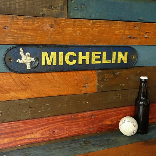 Michelin Tire Man Cast Iron Sign W/ A Distressed Antique Hand Painted Finish