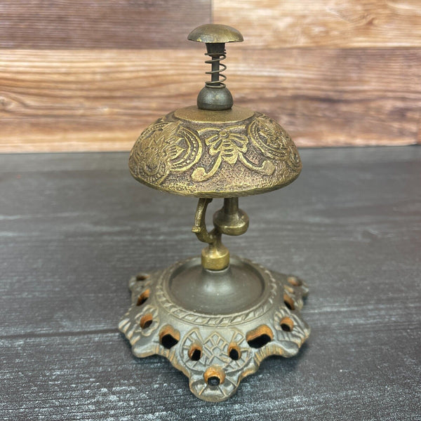 Hotel Desk Bell On Stand Solid Brass With Butterfly Engraving And Antique Finish