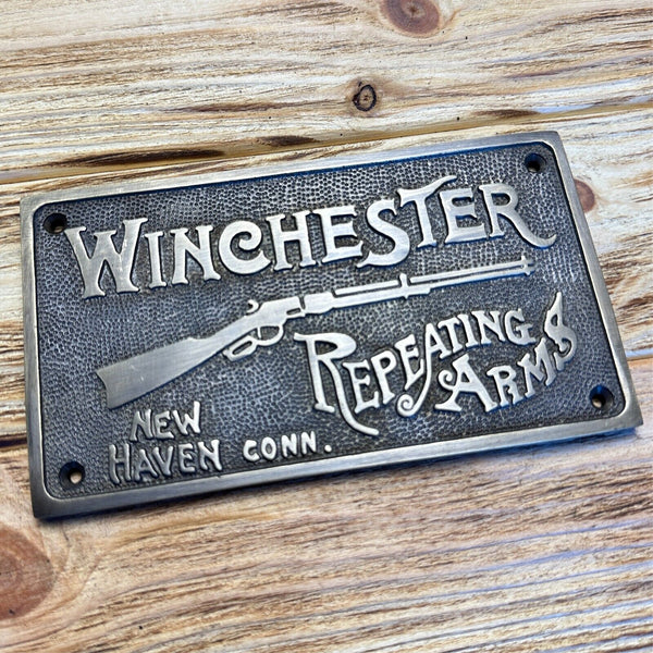 Winchester Repeating Arms Solid Brass Wall Plaque Sign W/ Antique Vintage Finish