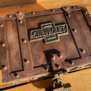 Chevrolet Iron Strong Box Chest W/ Chevy Brass Plaque and Lock, Antique Finish