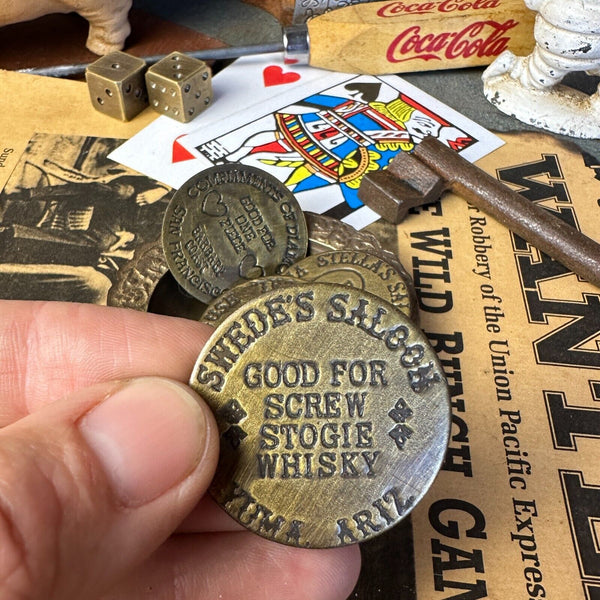 Old West Brothel Tokens (Lot Of 5 Assorted) and Brass Dish With Antique Finish