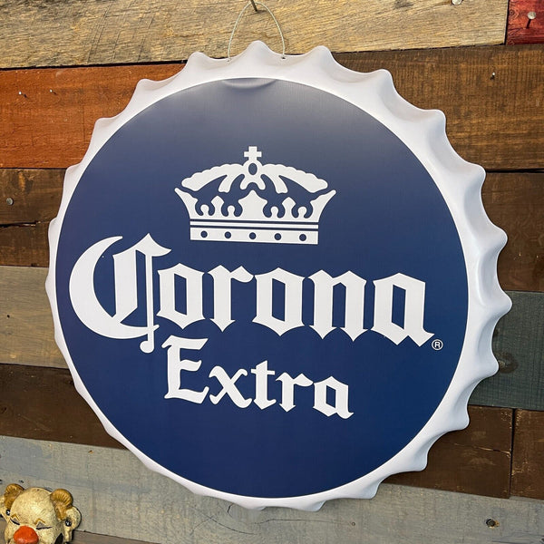 Corona Extra Beer Crown Logo Bottle Cap Shaped Metal Sign Game Room Man Cave Bar