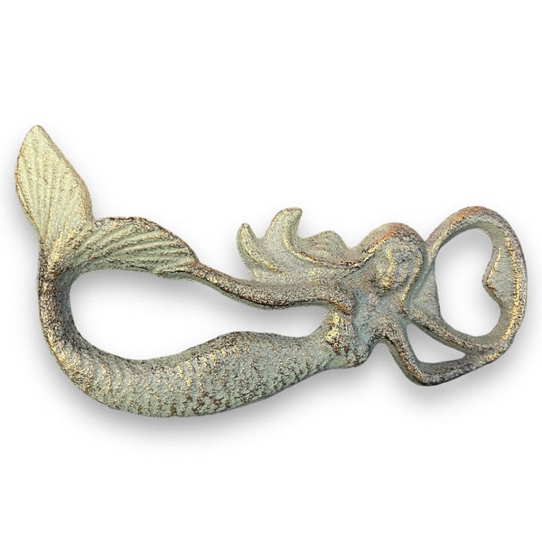 Mermaid Cast Iron Bottle Opener With Antique and Distressed Sea Green Finish