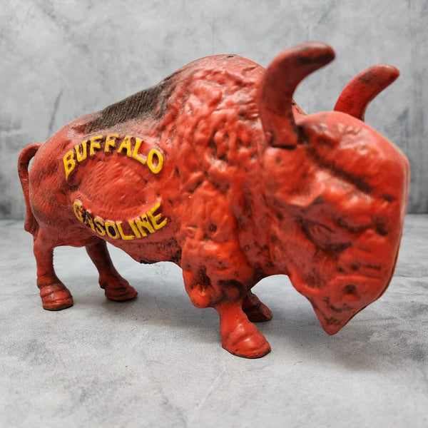 Buffalo Gasoline Piggy Bank Cast Iron Raised Lettering Painted Antique Finish