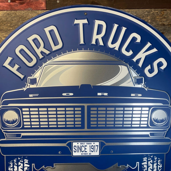 Ford Trucks 24" Round Blue Metal Advertising Sign Game Room Bar Man Cave Decor