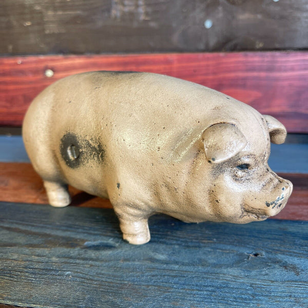 Fincks Overalls Piggy Bank, Cast Iron Pig W/ Antique Finish, Man Cave Bar Decor