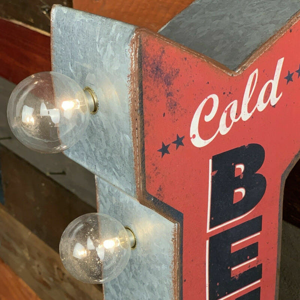 Cold Beer On Tap Arrow Shaped Double Sided Sign LED Lights Man Cave Bar Garage