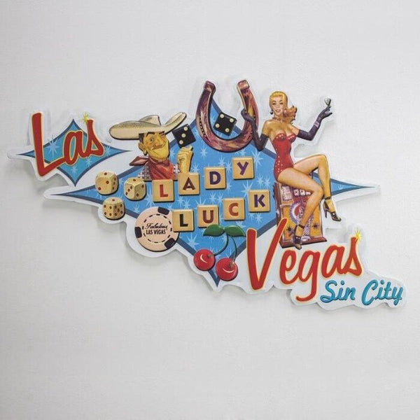 Las Vegas Lady Luck Sin City Embossed & Shaped Metal Sign, Poker Man Cave Bar Ga