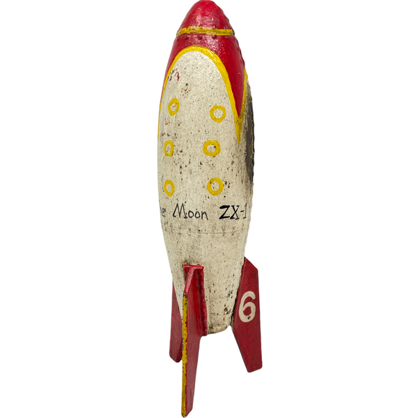 Rocket Toy Bank, Cast Iron Rocket To The Moon Bank W/ Painted Antique Finish