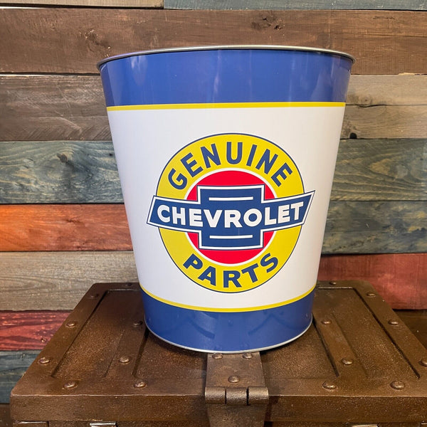 Genuine Chevrolet Parts Tapered Metal Trash Bin Can Wastebasket Man Cave Decor