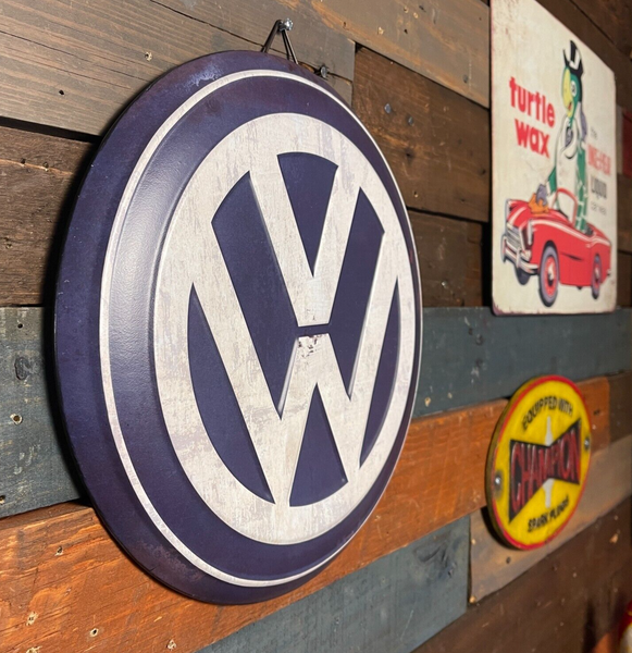 VW Volkswagen Round Metal Button Sign With Vintage Distressed Licensed Design