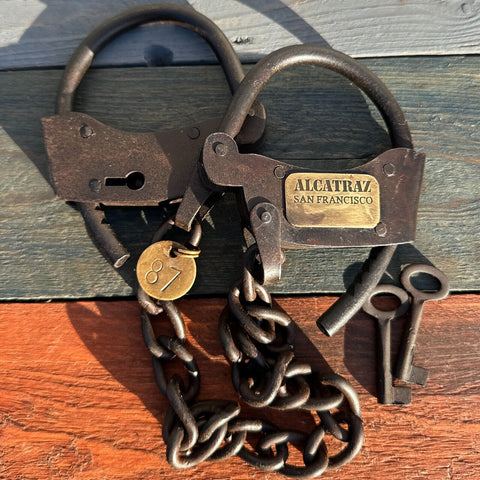 Alcatraz Prison Handcuffs, Iron Adjustable Cuffs with Chain & Antique Finish