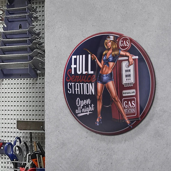 Full Service Station Open All Night Pin-Up Girl Dome and Rounded 16" Metal Sign