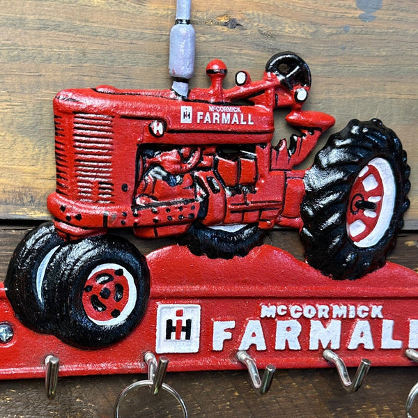 Mccormick Farmall Tractor Cast Iron Red Key Rack W/ Five Metal Hooks Wall Decor