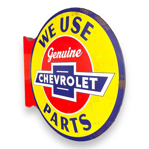 Chevrolet Genuine We Use Parts Double Sided Flange Metal Sign Distressed Finish