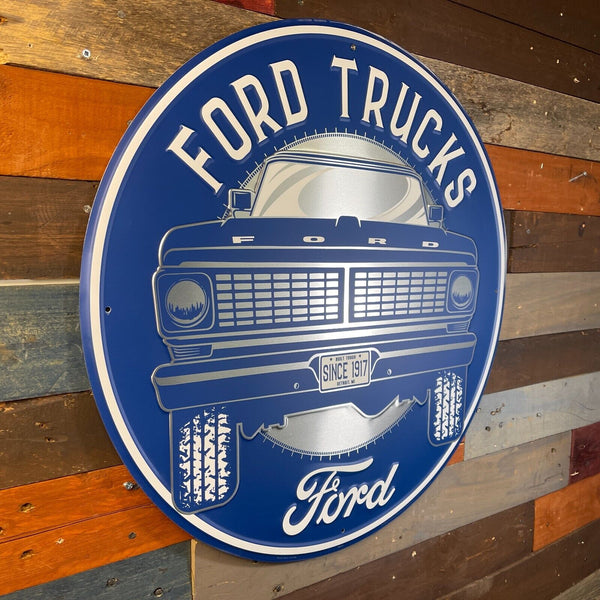 Ford Trucks 24" Round Blue Metal Advertising Sign Game Room Bar Man Cave Decor