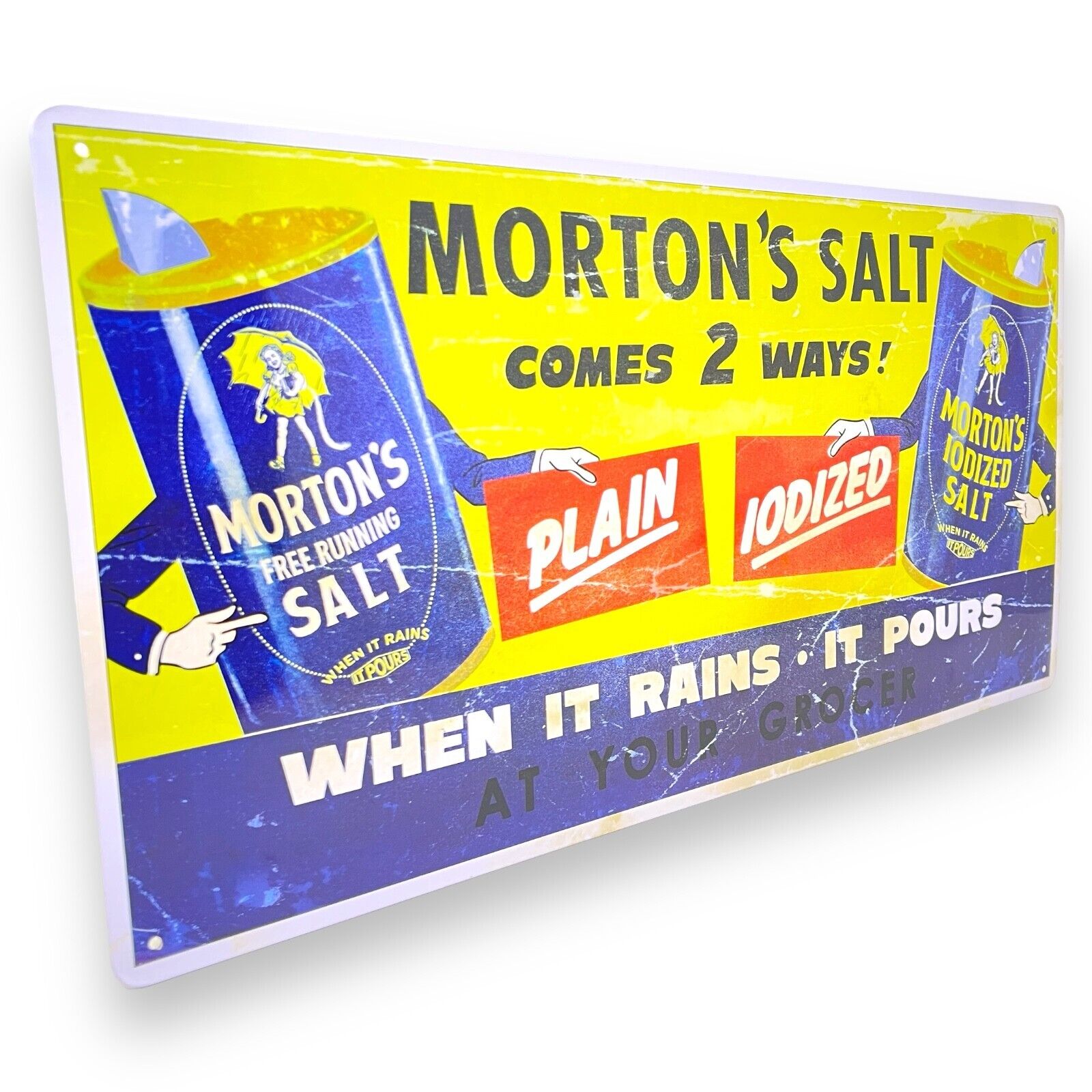 Morton's Salt When It Rains It Pours 19" Vintage Tin Metal Sign W/ Hemmed Edges