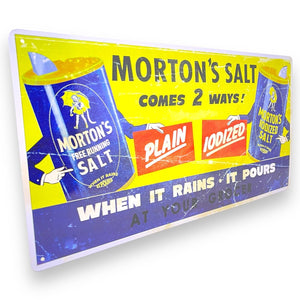 Morton's Salt When It Rains It Pours 19" Vintage Tin Metal Sign W/ Hemmed Edges